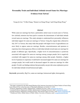 Personality Traits and Individual Attitude Toward Same-Sex Marriage: Evidence from Taiwan*