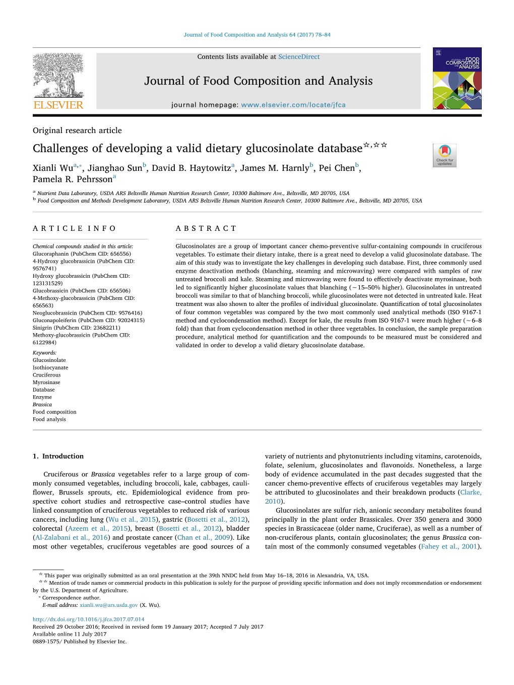 Challenges of Developing a Valid Dietary Glucosinolate Database , T ⁎ Xianli Wua, , Jianghao Sunb, David B