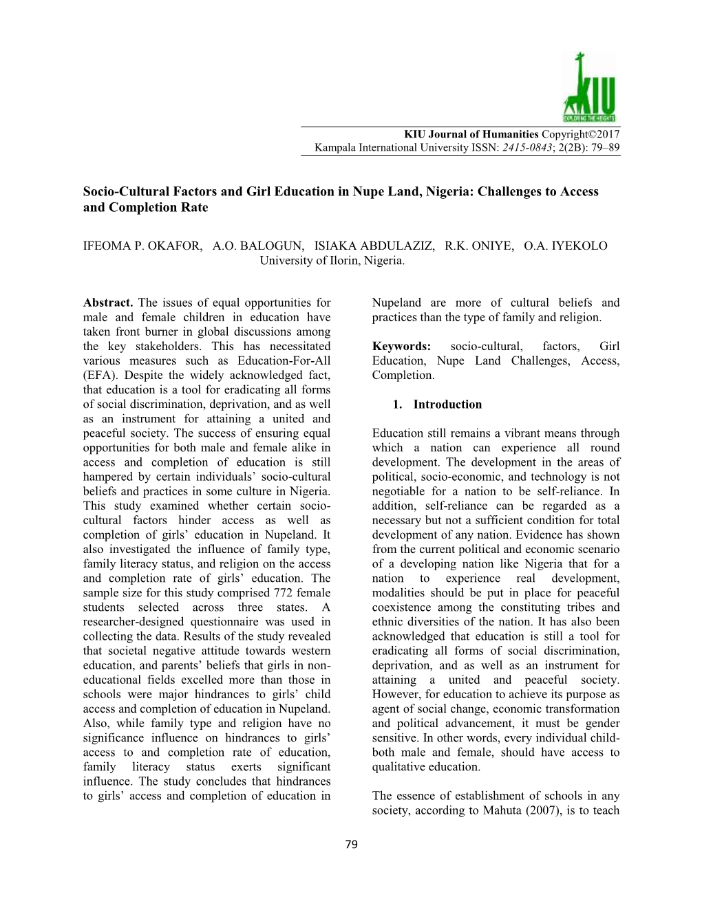 Socio-Cultural Factors and Girl Education in Nupe Land, Nigeria: Challenges to Access and Completion Rate