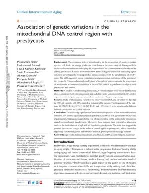 Association of Genetic Variations in the Mitochondrial DNA Control Region with Presbycusis