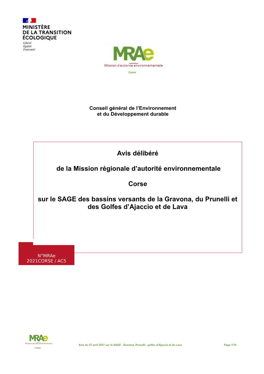 Avis Délibéré De La Mission Régionale D'autorité Environnementale Corse