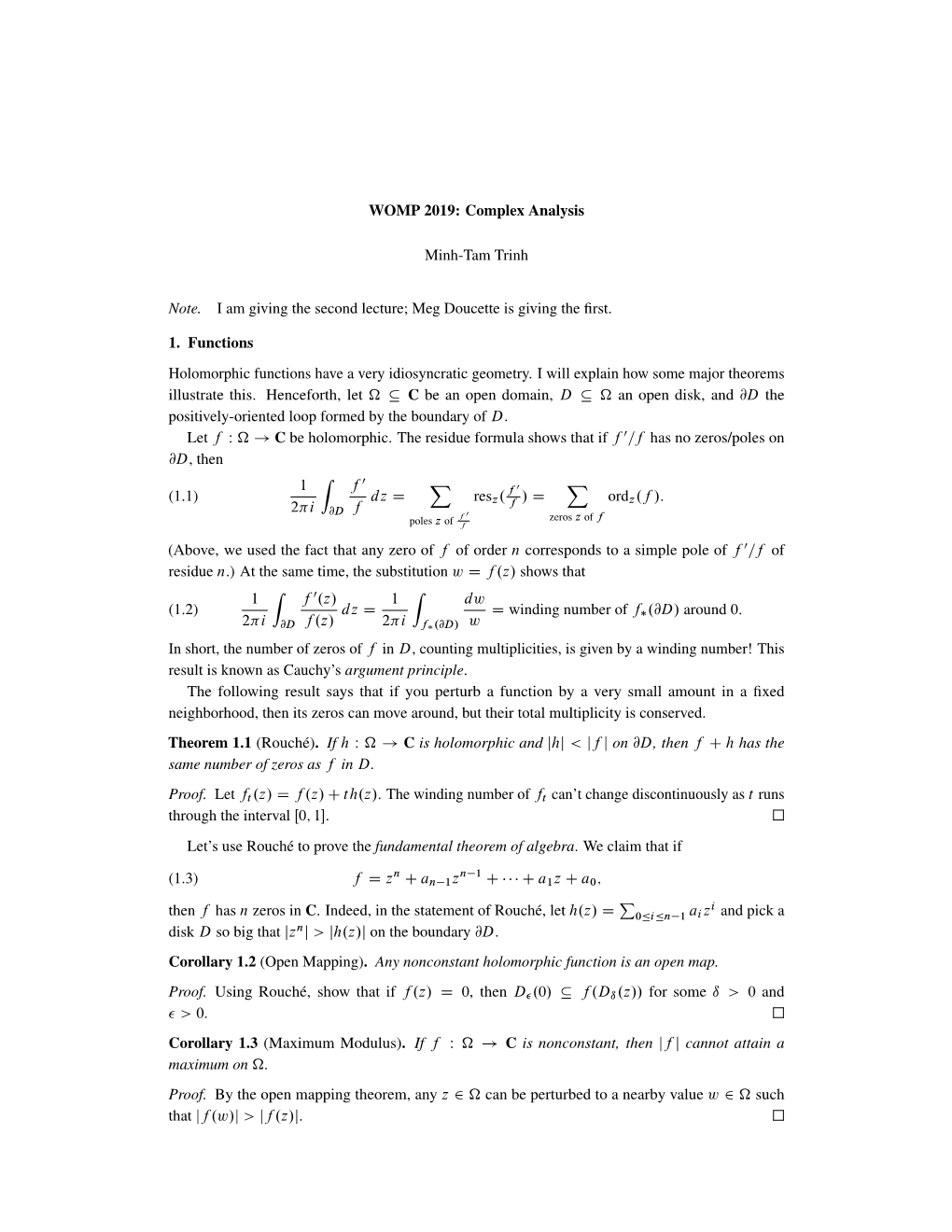 Complex Analysis Minh-Tam Trinh Note. I Am Giving the Second Lecture