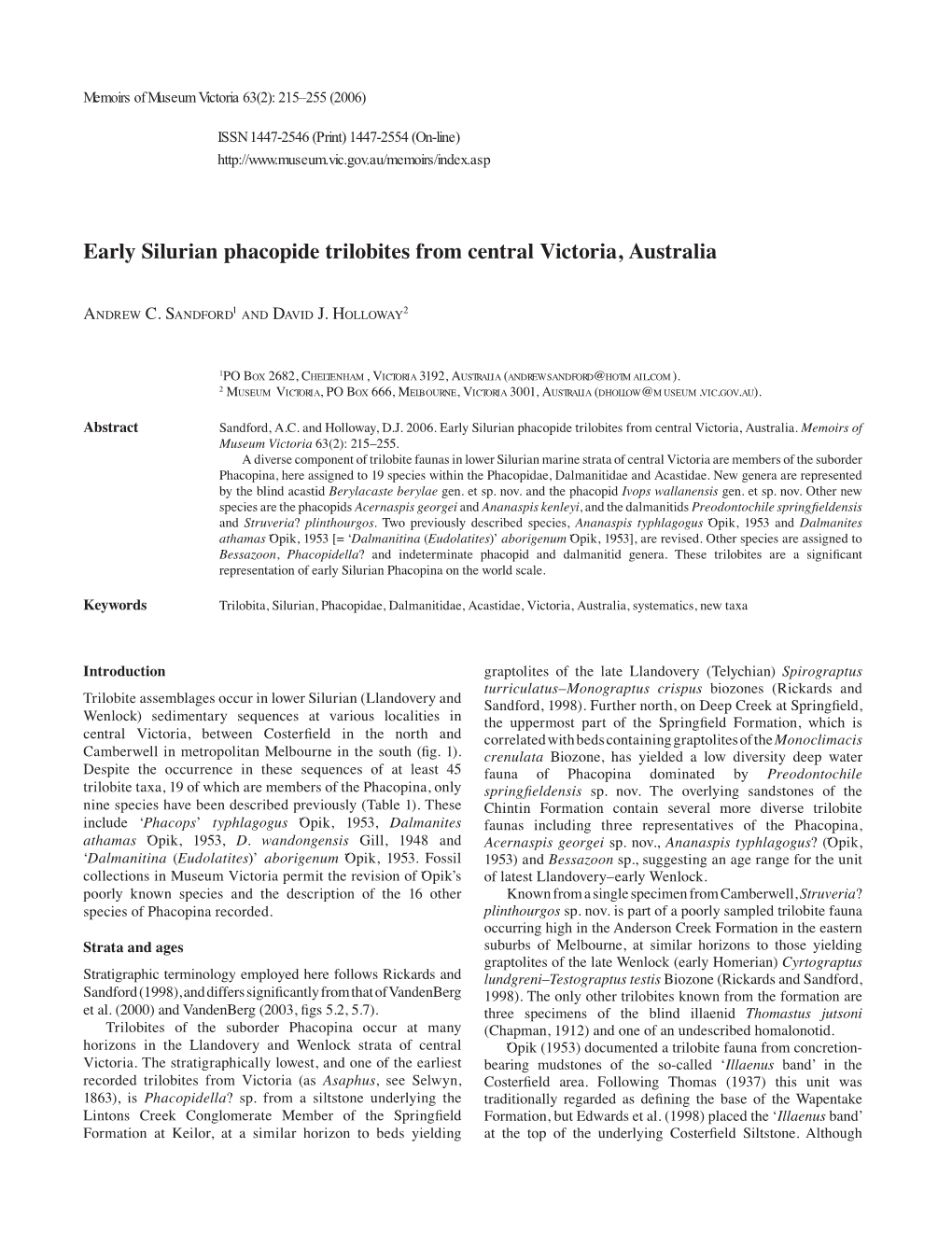 Early Silurian Phacopide Trilobites from Central Victoria, Australia