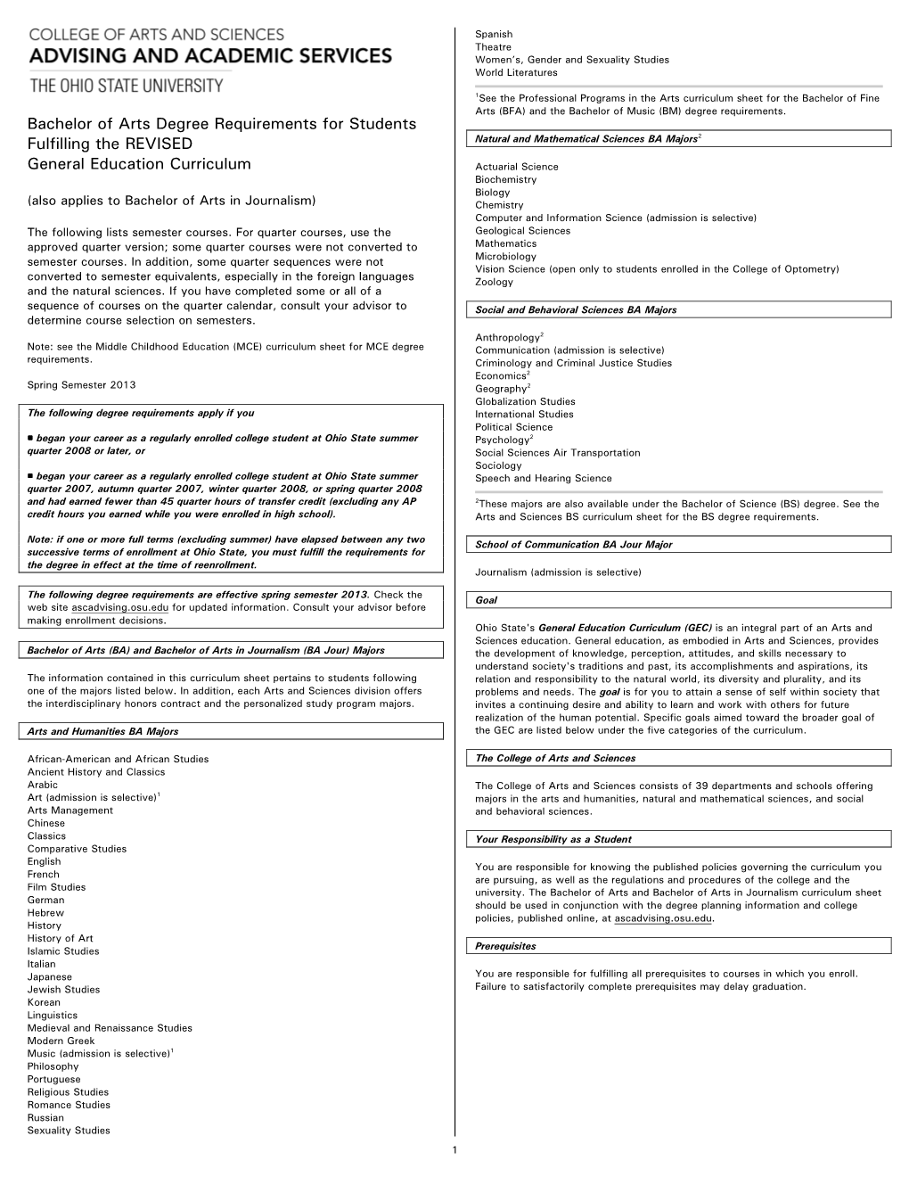 Bachelor of Arts Degree Requirements for Students Fulfilling the REVISED Natural and Mathematical Sciences BA Majors 2