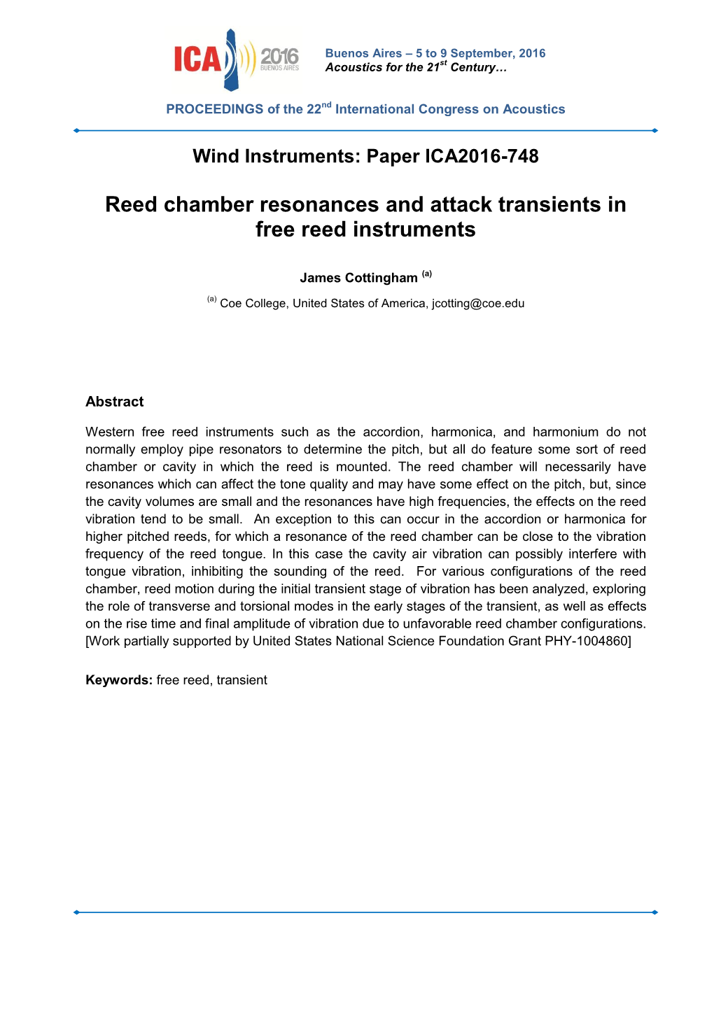 Reed Chamber Resonances and Attack Transients in Free Reed Instruments