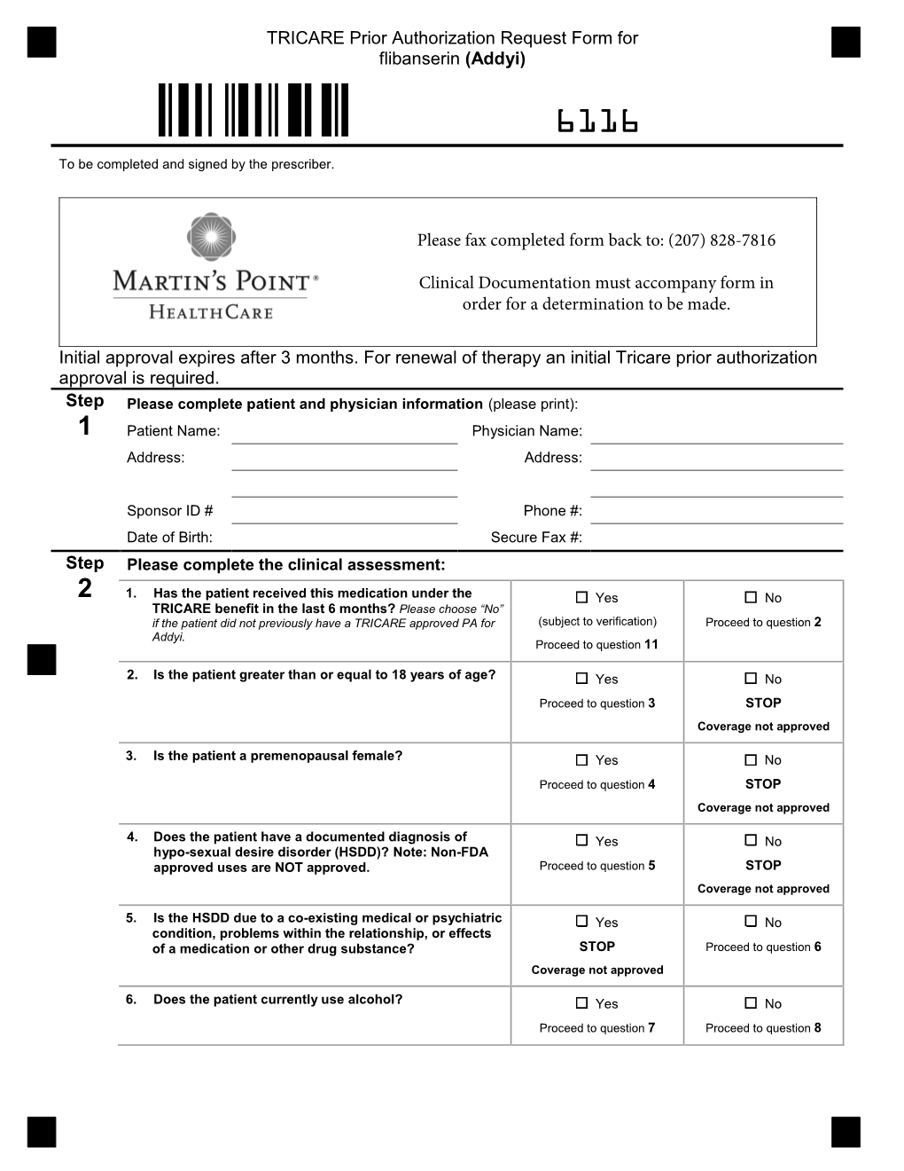 TRICARE Prior Authorization Request Form for Flibanserin (Addyi)