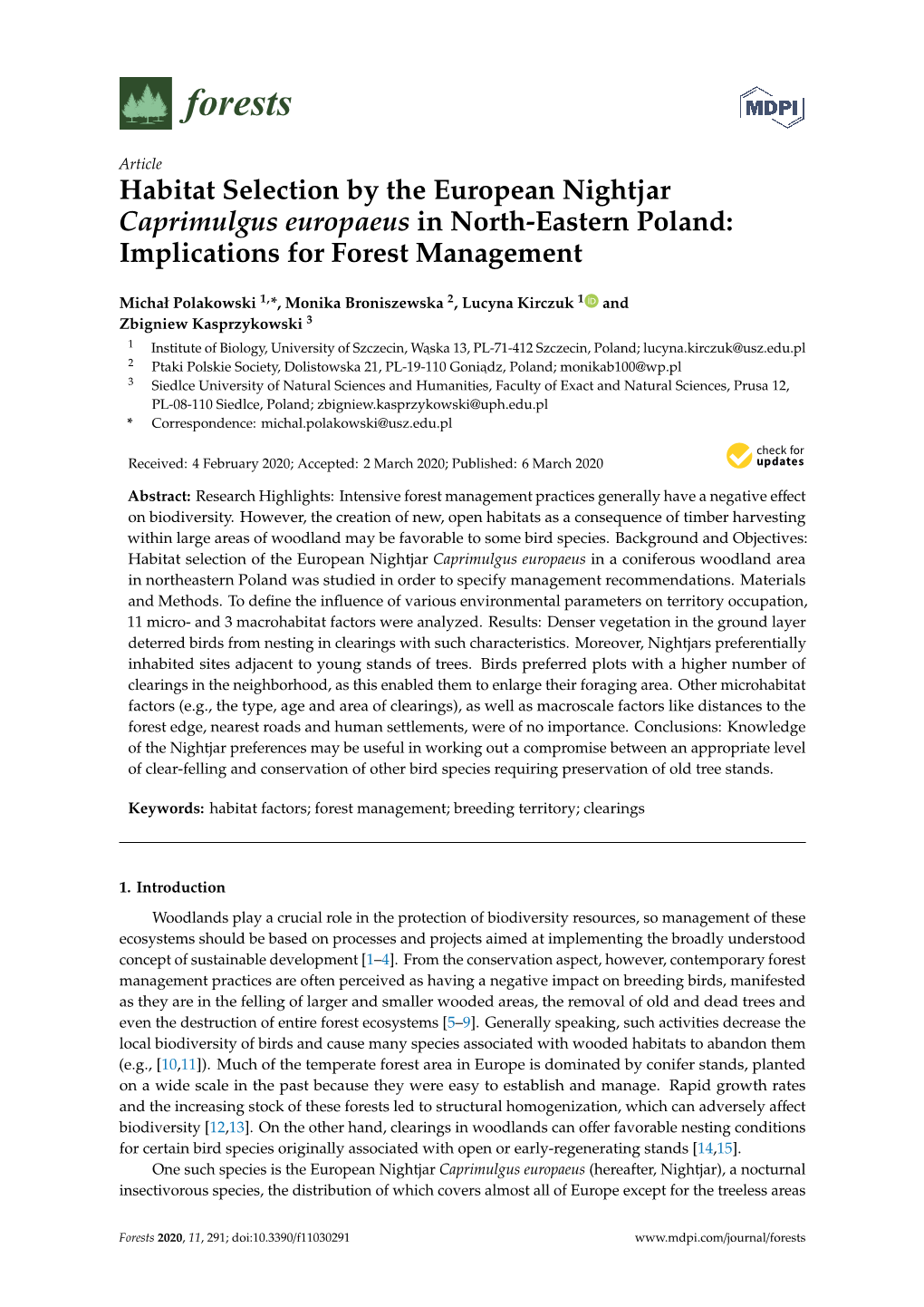 Habitat Selection by the European Nightjar Caprimulgus Europaeus in North-Eastern Poland: Implications for Forest Management