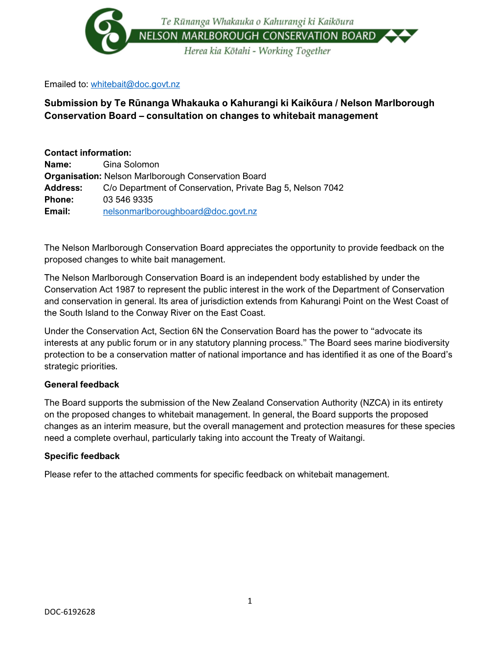 Submission by Te Rūnanga Whakauka O Kahurangi Ki Kaikōura / Nelson Marlborough Conservation Board – Consultation on Changes to Whitebait Management