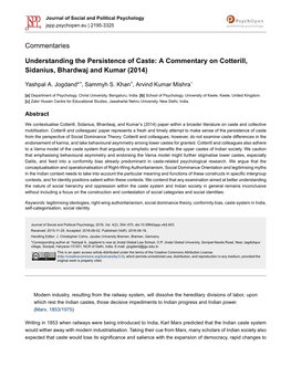Understanding the Persistence of Caste: a Commentary on Cotterill, Sidanius, Bhardwaj and Kumar (2014)