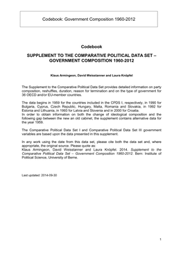 Codebook: Government Composition 1960-2012 Codebook SUPPLEMENT to the COMPARATIVE POLITICAL DATA SET – GOVERNMENT COMPOSITION