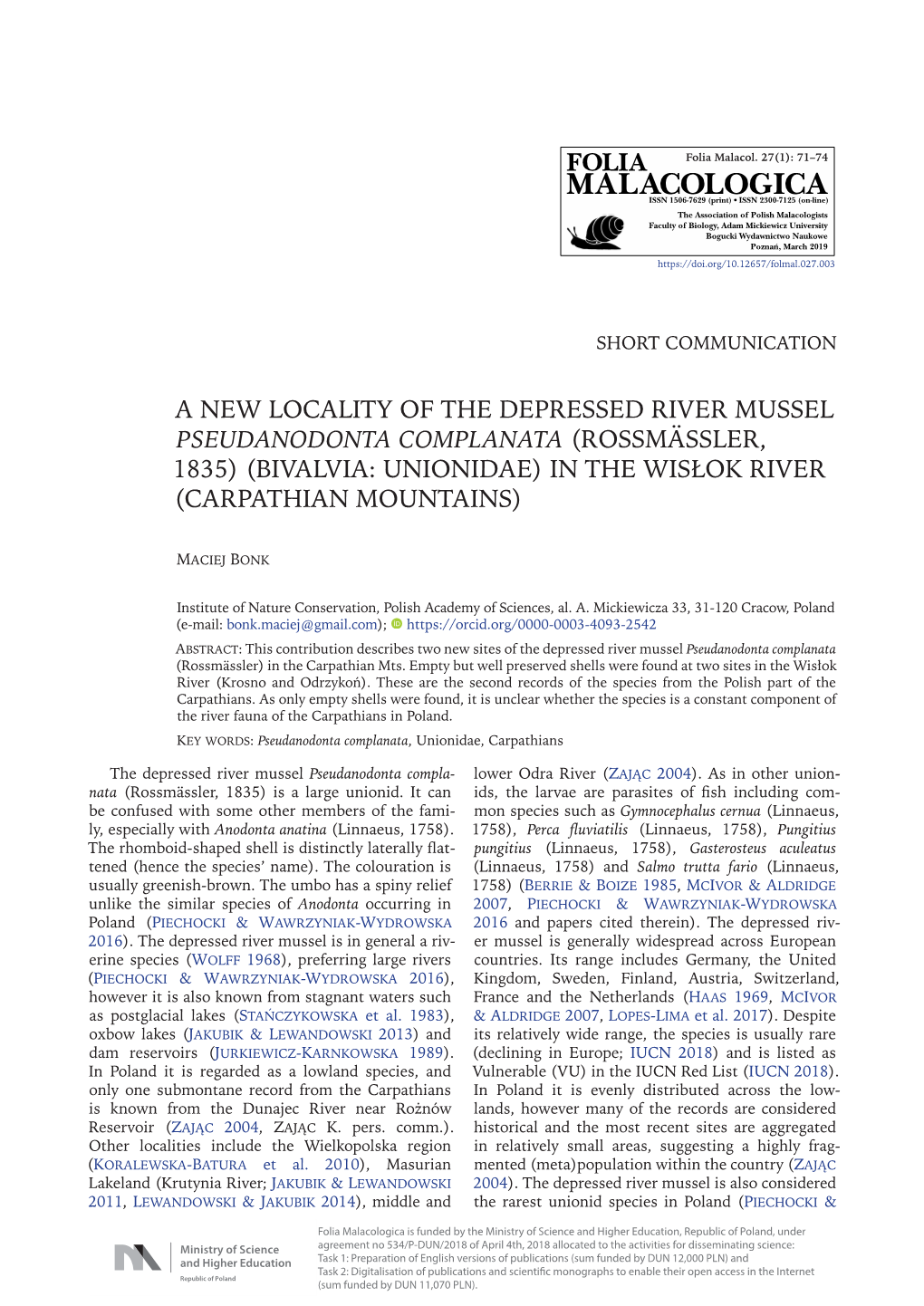 A New Locality of the Depressed River Mussel Pseudanodonta Complanata (Rossmässler, 1835) (Bivalvia: Unionidae) in the Wisłok River (Carpathian Mountains)