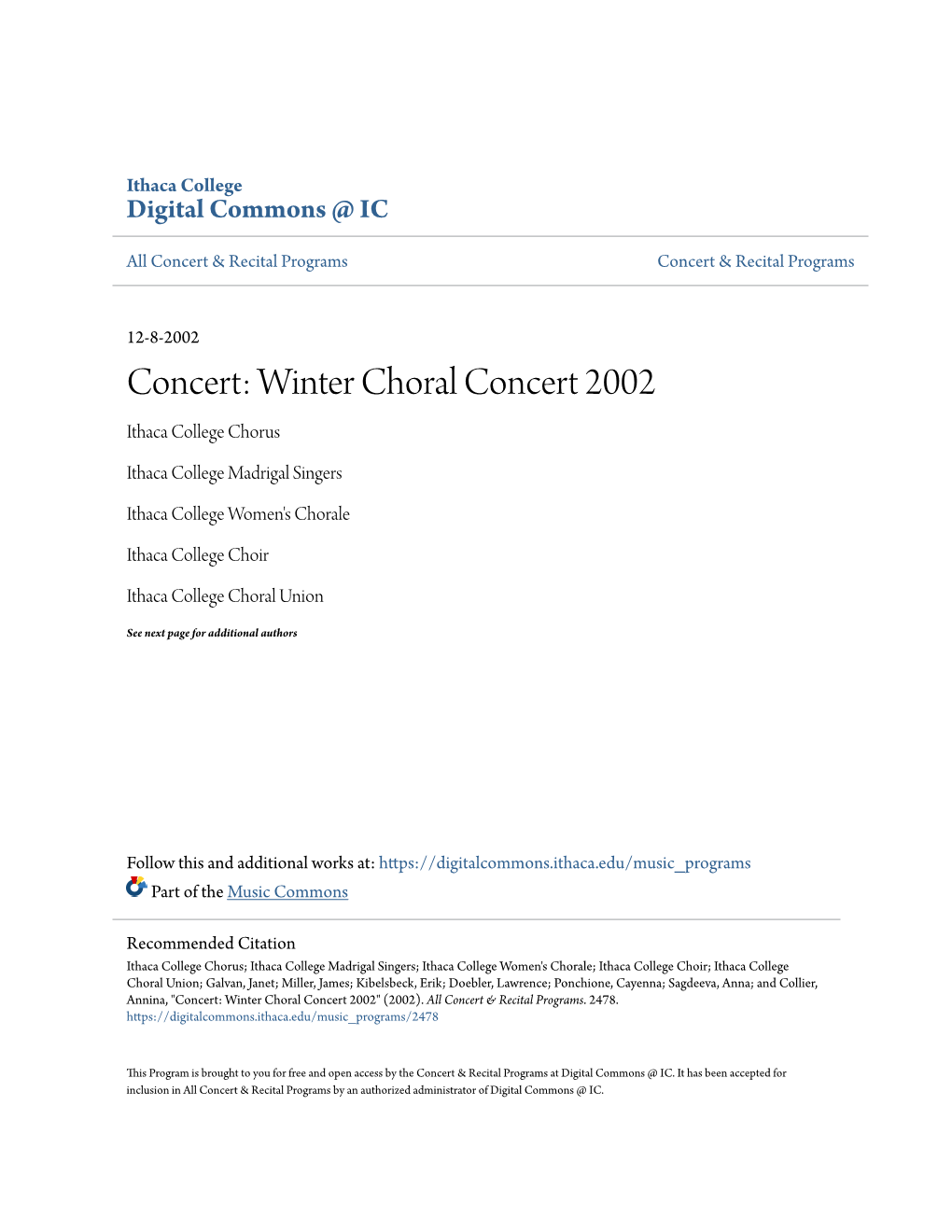 Winter Choral Concert 2002 Ithaca College Chorus