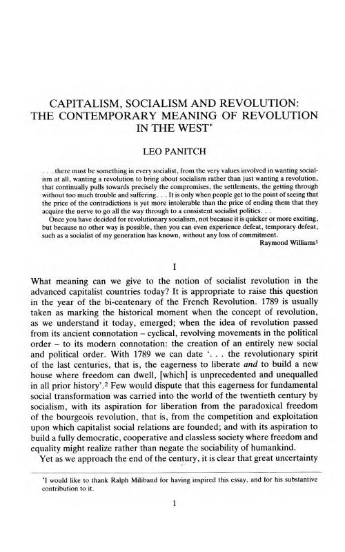 Capitalism, Socialism and Revolution: the Contemporary Meaning of Revolution in the West*