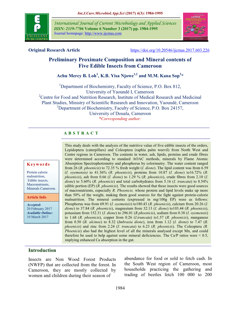 Preliminary Proximate Composition and Mineral Contents of Five Edible Insects from Cameroon