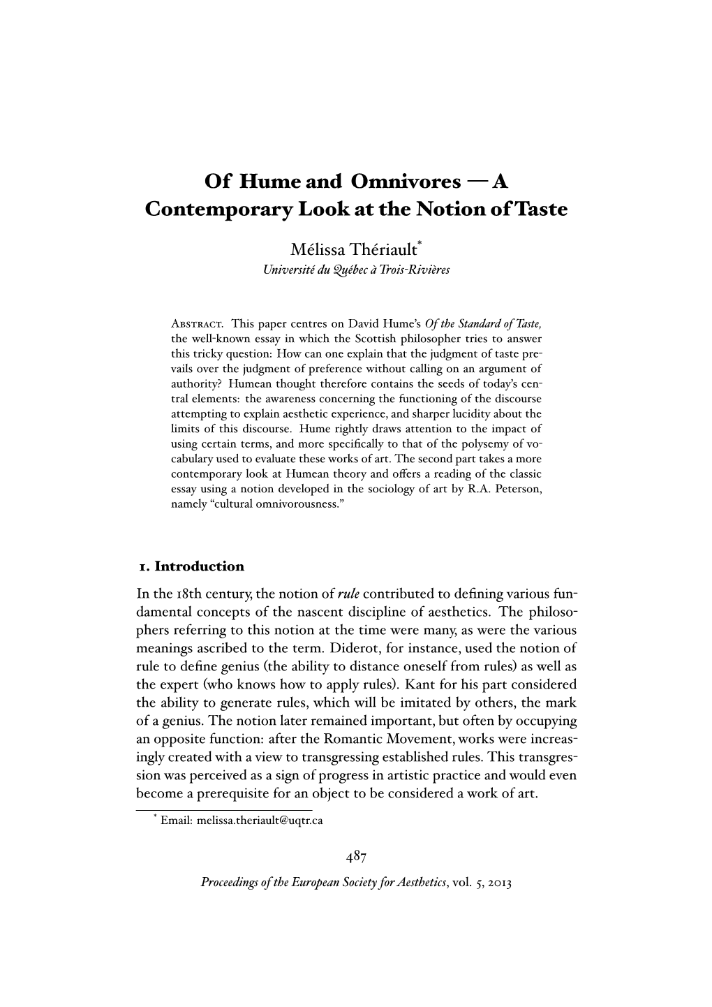 Of Hume and Omnivores — a Contemporary Look at the Notion of Taste Mélissa Thériault* Université Du Québec À Trois-Rivières