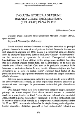 Evolutia Istorică a Statiunii Balneo-Climaterice Moneasa (Jud. Arad) Până În 1918