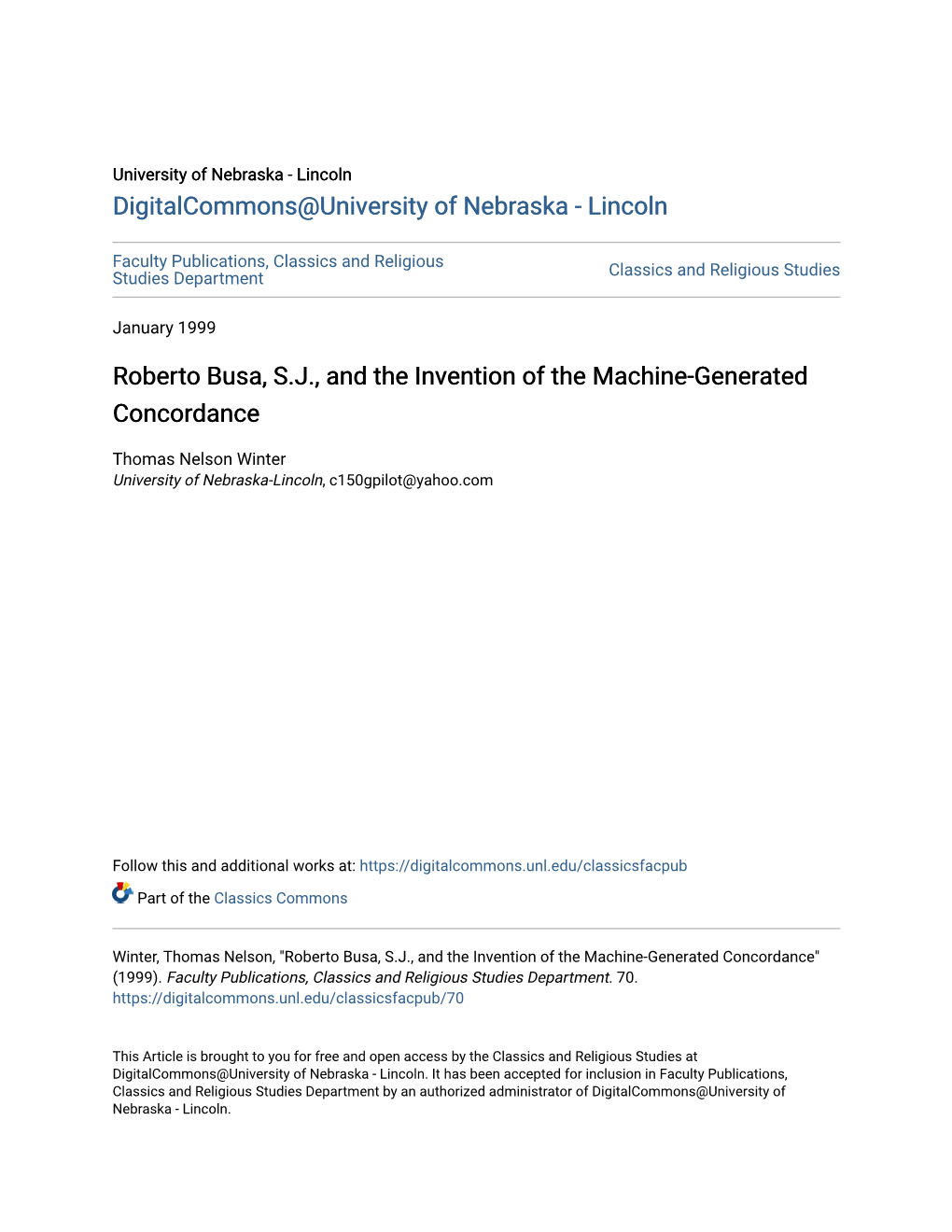 Roberto Busa, S.J., and the Invention of the Machine-Generated Concordance
