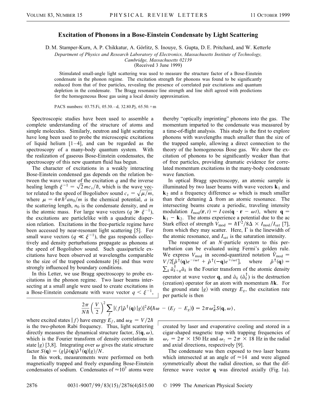 Excitation of Phonons in a Bose-Einstein Condensate by Light Scattering