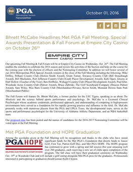 Bhrett Mccabe Headlines Met PGA Fall Meeting, Special Awards Presentation & Fall Forum at Empire City Casino on October 26Th