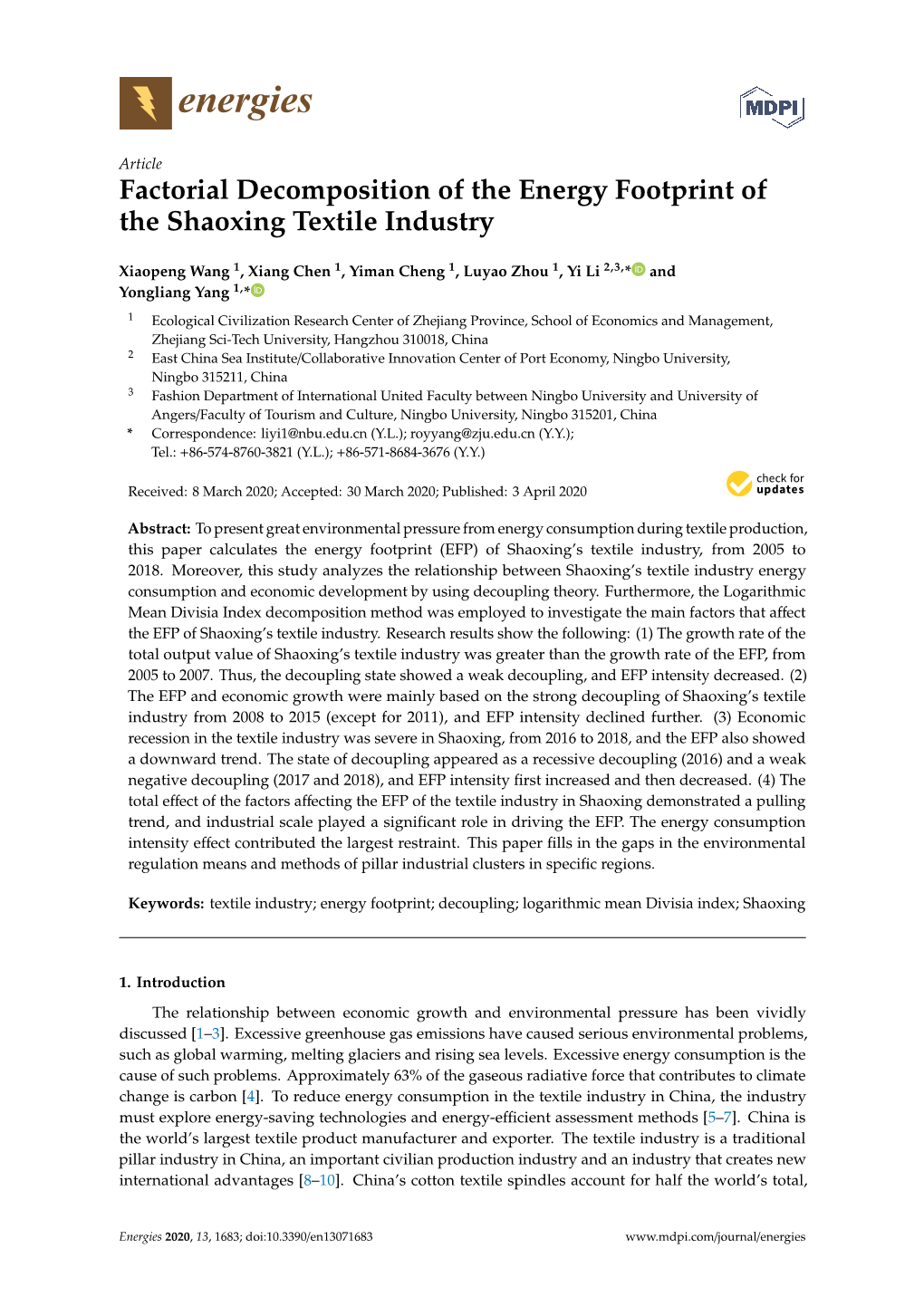 Factorial Decomposition of the Energy Footprint of the Shaoxing Textile Industry
