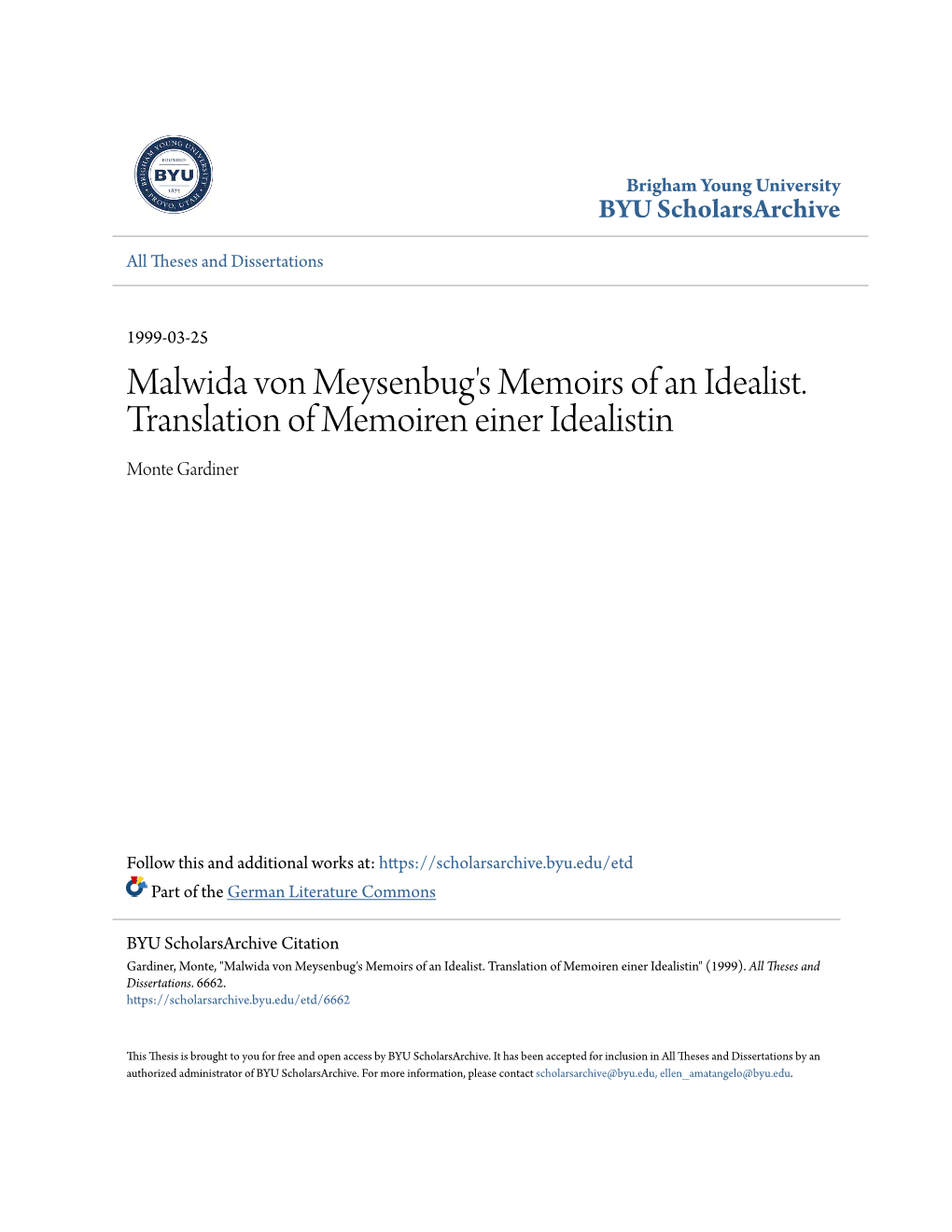 Malwida Von Meysenbug's Memoirs of an Idealist. Translation of Memoiren Einer Idealistin Monte Gardiner