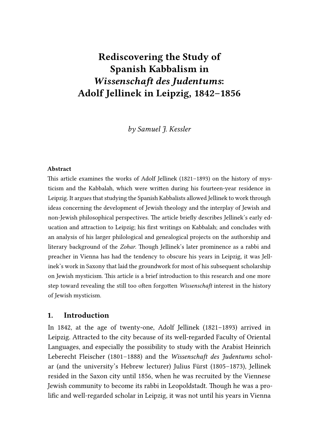 Rediscovering the Study of Spanish Kabbalism in Wissenschaft Des Judentums: Adolf Jellinek in Leipzig, 1842–1856
