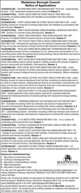 Maidstone Borough Council Notice of Applications 16/503015/LBC - the WENTWAYS WEST END MARDEN KENT TN12 9JA - Listed Building Consent - 5 No