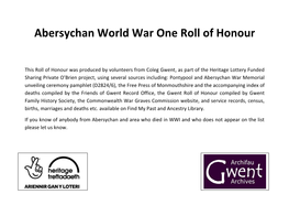 Abersychan World War One Roll of Honour
