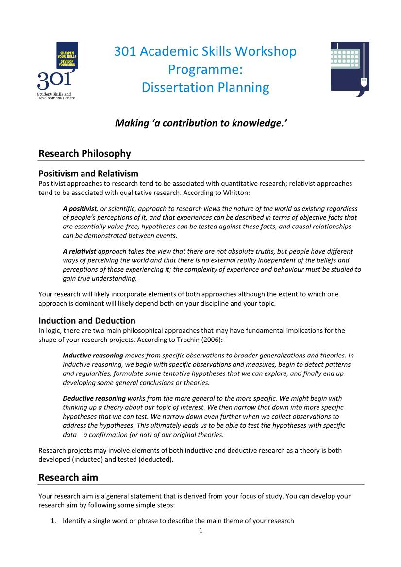 301 Academic Skills Workshop Programme: Dissertation Planning