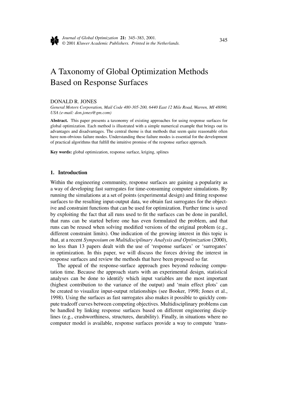 A Taxonomy of Global Optimization Methods Based on Response Surfaces