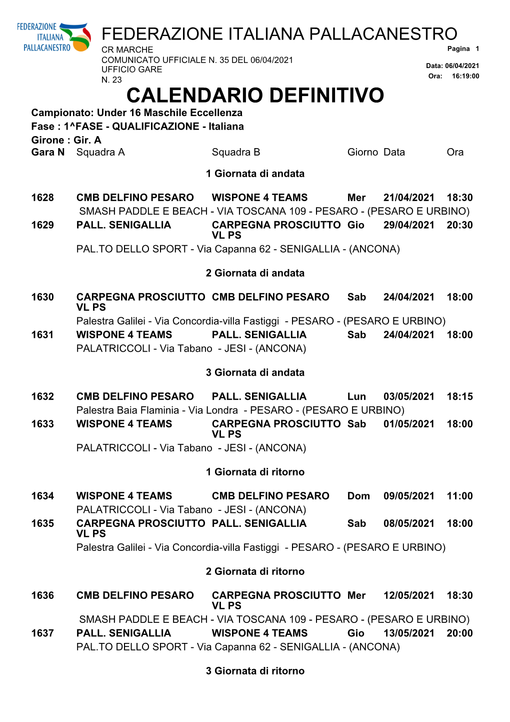 CALENDARIO DEFINITIVO Campionato: Under 16 Maschile Eccellenza Fase : 1^FASE - QUALIFICAZIONE - Italiana Girone : Gir