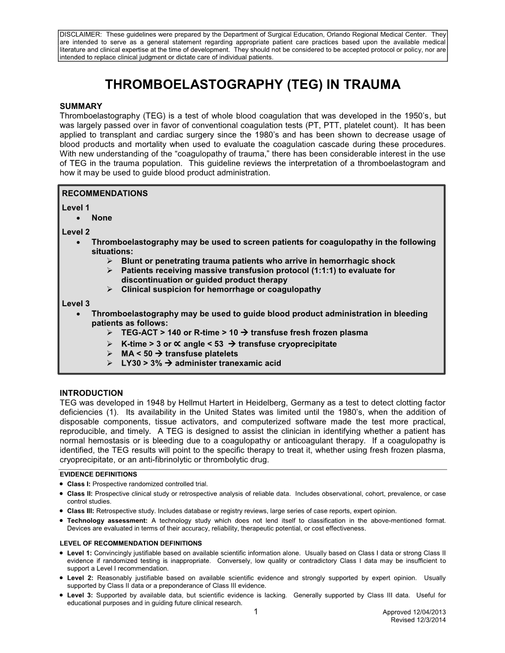 Thromboelastography (Teg) in Trauma