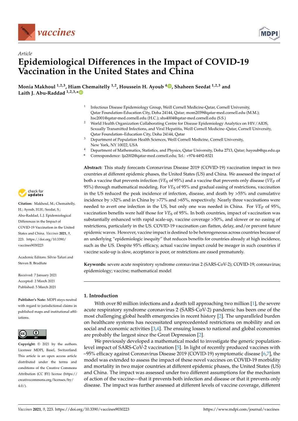 Epidemiological Differences in the Impact of COVID-19 Vaccination in the United States and China