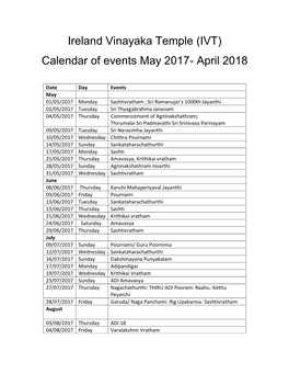 Ireland Vinayaka Temple (IVT) Calendar of Events May 2017- April 2018