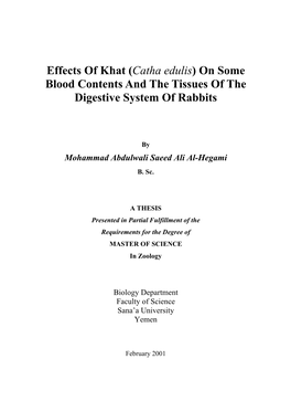Effects of Khat (Catha Edulis) on Some Blood Contents and the Tissues of the Digestive System of Rabbits