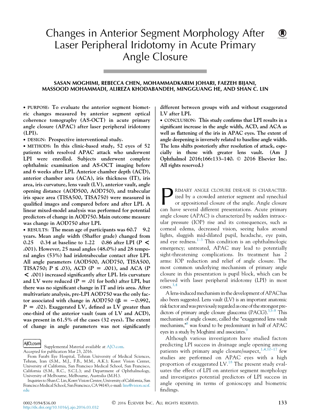 Changes in Anterior Segment Morphology After Laser Peripheral Iridotomy in Acute Primary Angle Closure