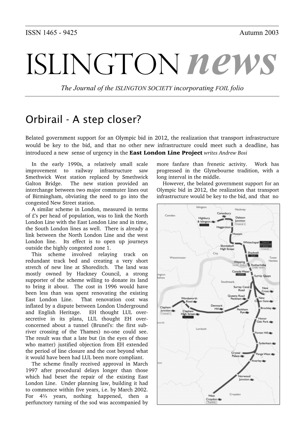 ISLINGTON News the Journal of the ISLINGTON SOCIETY Incorporating FOIL Folio