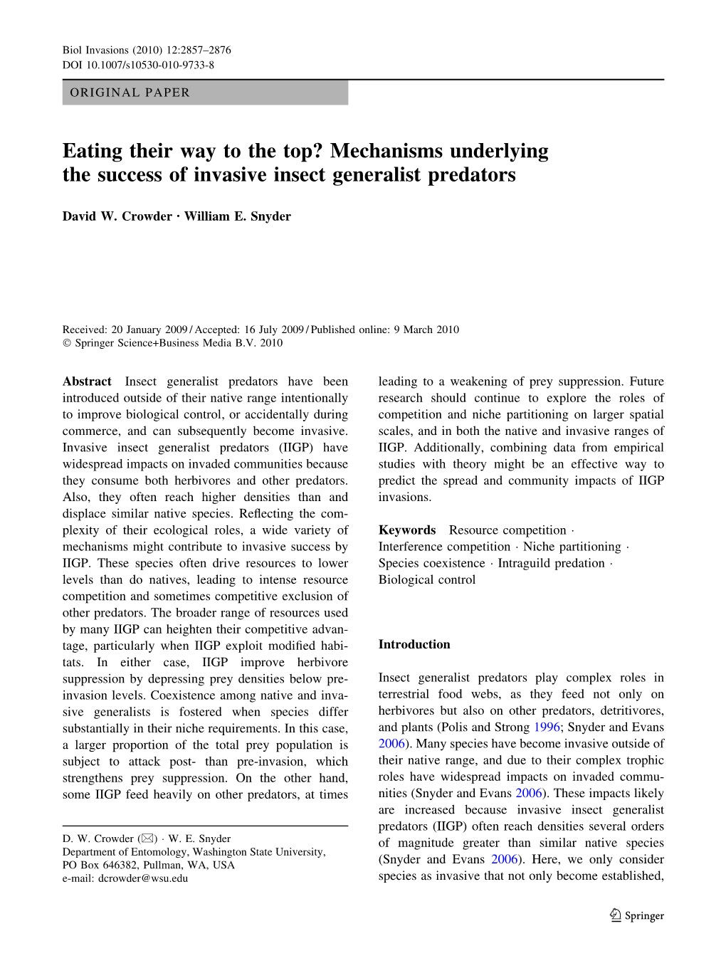 Mechanisms Underlying the Success of Invasive Insect Generalist Predators