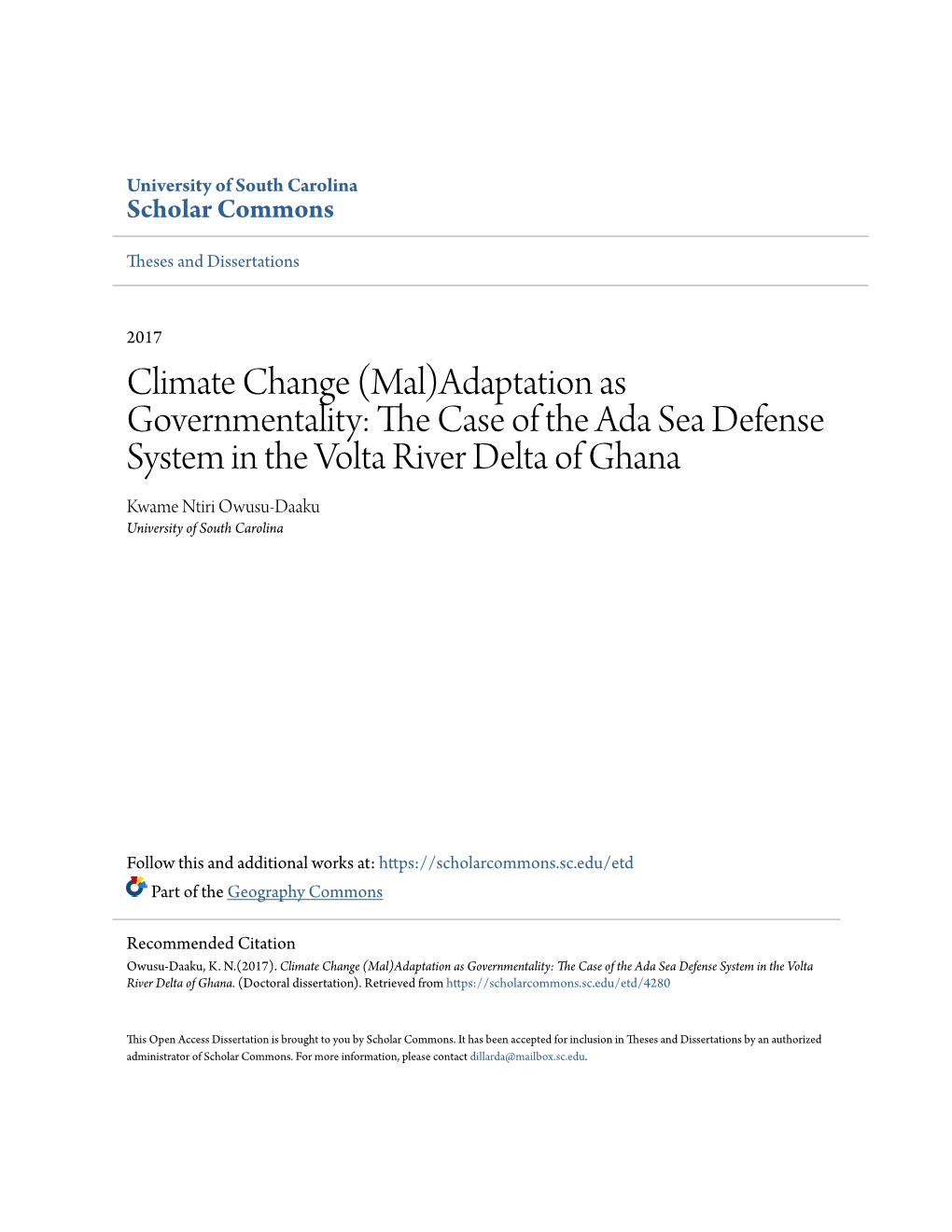 Adaptation As Governmentality: the Case of the Ada Sea Defense System in the Volta River Delta of Ghana