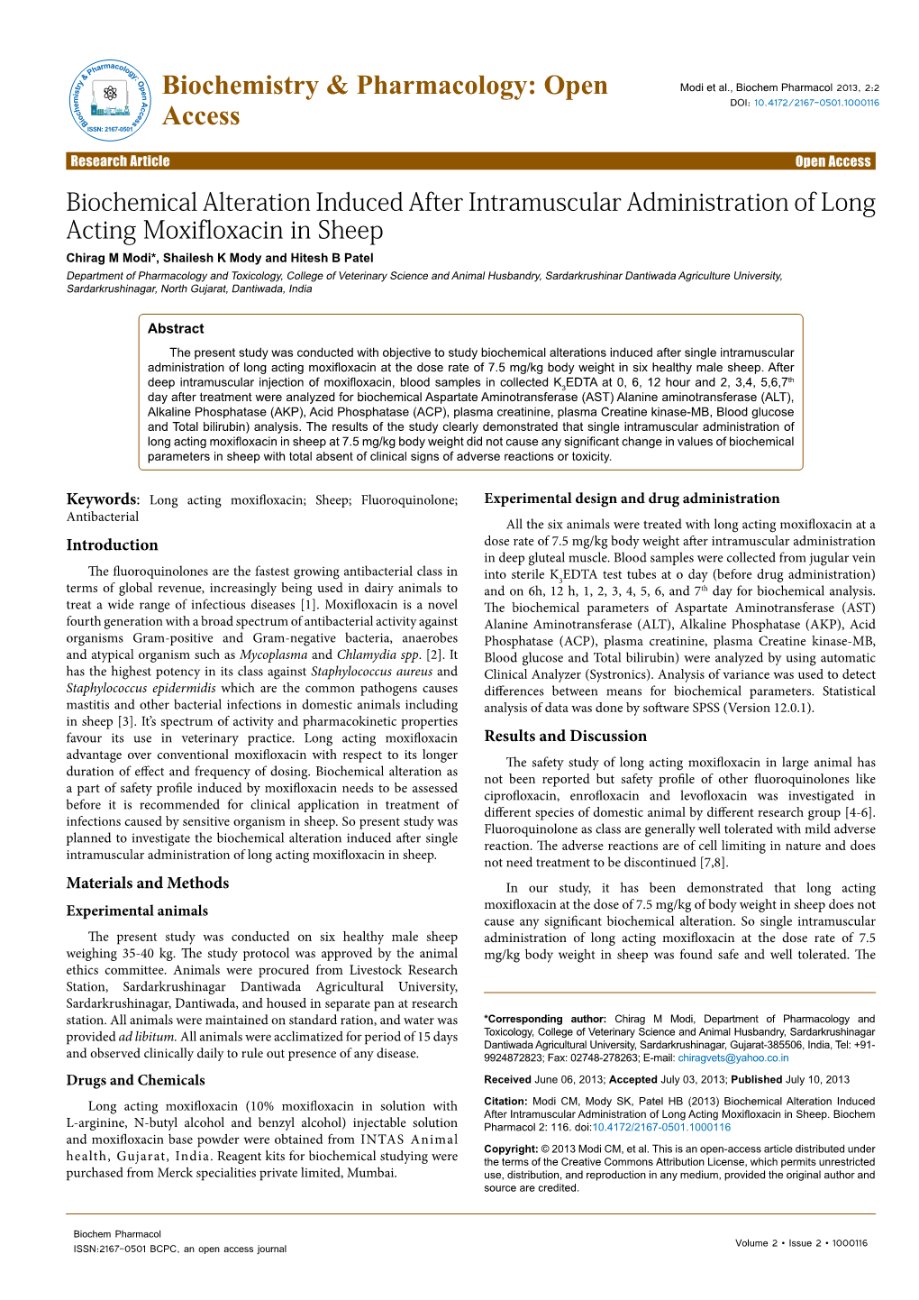 Biochemical Alteration Induced After Intramuscular Administration Of