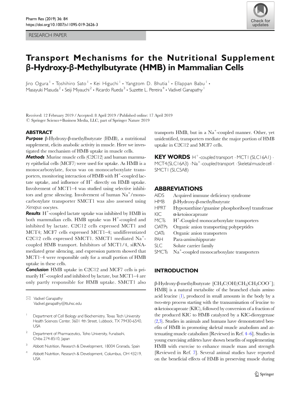 Transport Mechanisms for the Nutritional Supplement Β-Hydroxy-Β-Methylbutyrate (HMB) in Mammalian Cells