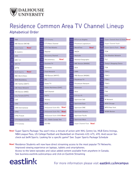 Residence Common Area TV Channel Lineup Alphabetical Order