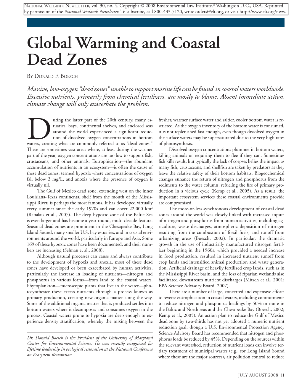 Global Warming and Coastal Dead Zones