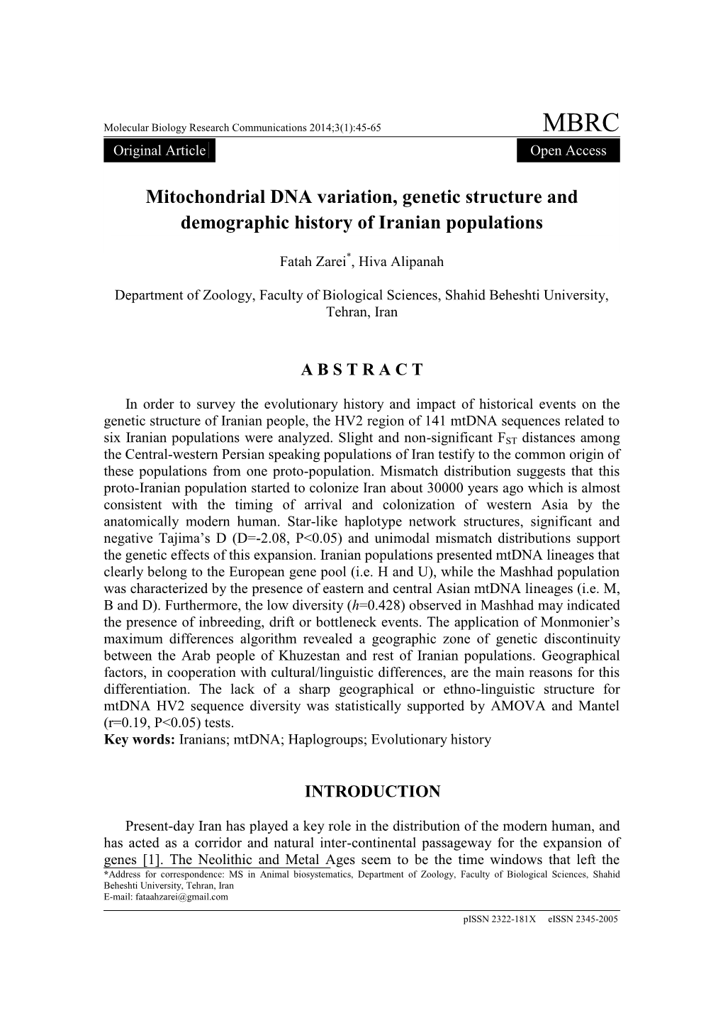 Mitochondrial DNA Variation, Genetic Structure and Demographic History of Iranian Populations