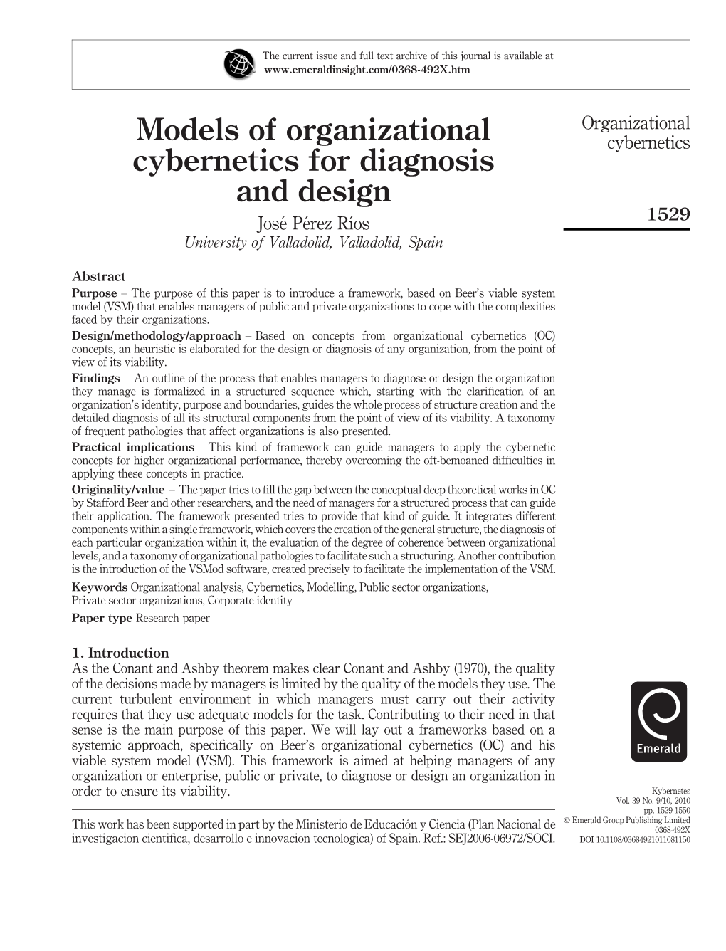 Models of Organizational Cybernetics for Diagnosis and Design