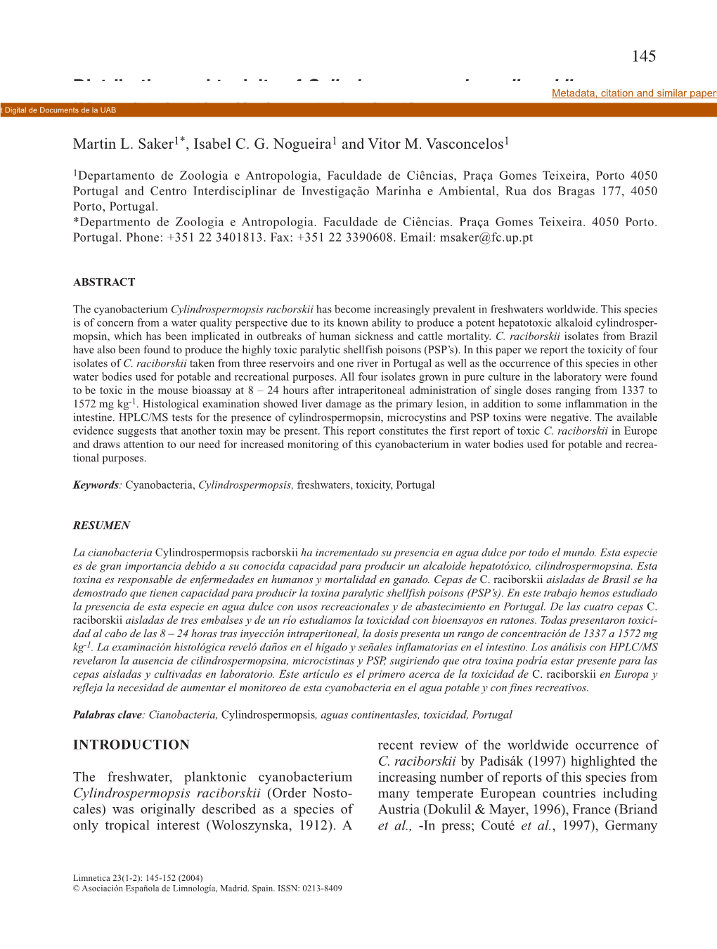 Distribution and Toxicity of Cylindrospermopsis