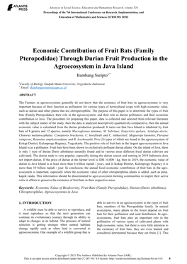 Economic Contribution of Fruit Bats (Family Pteropodidae) Through Durian Fruit Production in the Agroecosystem in Java Island Bambang Suripto1*