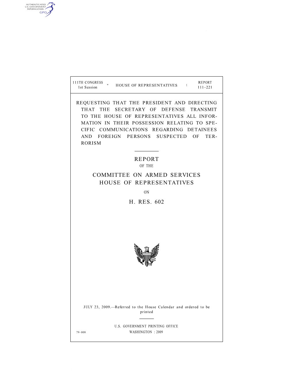 Report Committee on Armed Services House Of