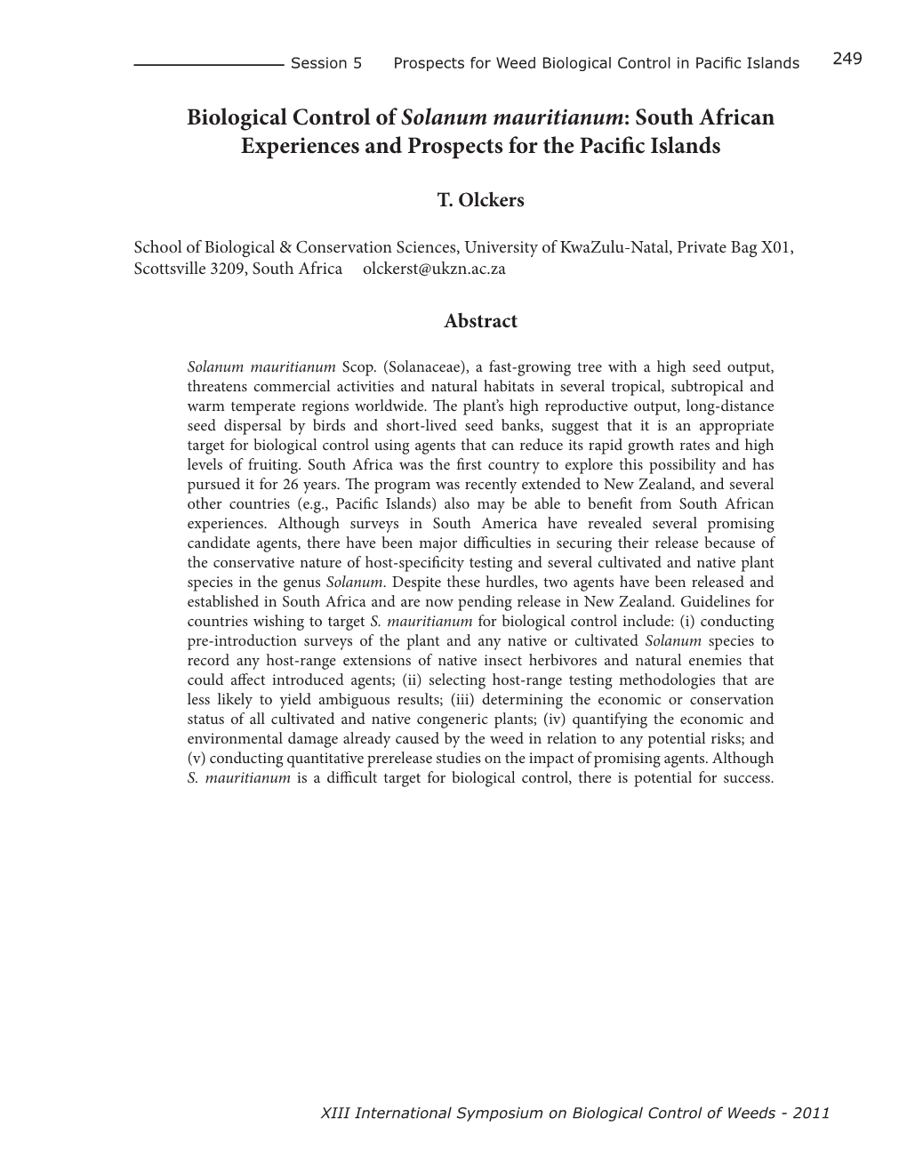 Biological Control of Solanum Mauritianum: South African Experiences and Prospects for the Pacific Islands