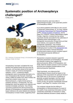 Systematic Position of Archaeopteryx Challenged? 13 May 2013